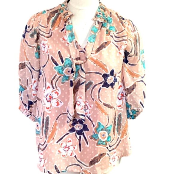 JOIE Polka Dot Tie-Neck Floral & Swiss Dot Blouse Sz S #69P - Picture 2 of 11